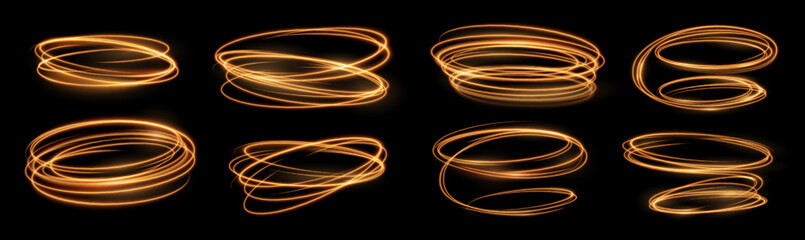 Spiral effect, sparkling gold glitter glow flare, fire light circles and ring trails. Vector abstract fire circles, sparkle magic swirls and energy light spiral spin twirls isolated set on black