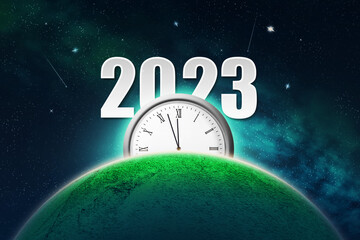 Wall Mural - 2023. Abstract Christmas background, with a planet in the cosmic sky and a clock with arrows at 12 o'clock.3D illustration. Abstract festive background.