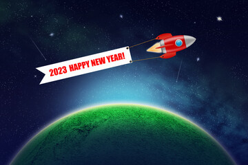 Wall Mural - Abstract Christmas background with a planet in the space sky and a rocket with a Happy New Year 2023 banner. 3D illustration. Abstract holiday background.