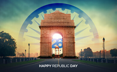 26th January Happy Republic Day Poster Design With ashoka India Gate 3d illustration