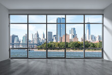 Downtown New York City Lower Manhattan Skyline Buildings. High Floor Window. Expensive Real Estate. Empty Room Interior Skyscrapers View Cityscape. Financial District. Brooklyn Bridge. 3d Rendering.