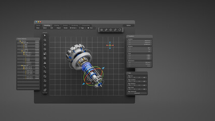 Fototapete - Engineering designer design 3D CAD software program Industrial engine model mechanical dimensional digital manufacturing factory engineer computer screen. 3d rendering.