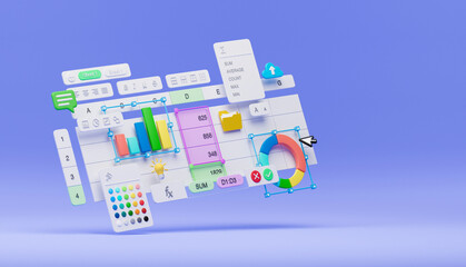 Poster - Spreadsheets graphs charts table data business financial report analysis screen software accounting management marketing document growth diagram planning calculate budget statistics. 3d rendering.