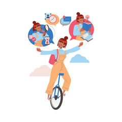 Wall Mural - Female Student Character on Monocycle Learning Multitasking Switching Between Different Activities Vector Illustration