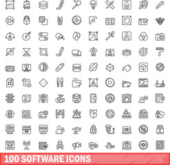 Poster - 100 software icons set. Outline illustration of 100 software icons vector set isolated on white background