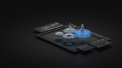 Fototapete - Engineering designer design 3D CAD software program Industrial engine model mechanical dimensional digital manufacturing factory engineer computer screen. 3d rendering.