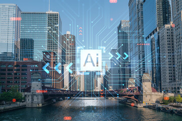 Panorama cityscape of Chicago downtown and Riverwalk, boardwalk with bridges at day time, Illinois, USA. Artificial Intelligence concept. AI and business, machine learning, neural network, robotics