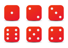 Dice Sides Or Dice Faces Icon Set In Flat Style Design With Shadow Effect, Isolated On White Background. Red Six Sided Dice. Vector Illustration.