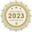© Sergey Kishan - Happy New Year 2023, greeting card, background, icon for winter holidays. Number 2023 with congratulations text on snowflake background. Vector illustration