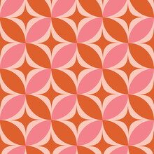 Mid Century Modern Atomic Starbursts On Orange And Pink Circles Seamless Pattern. For Home Décor, Wallpaper And Textile 