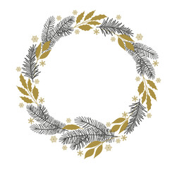 Wall Mural - Christmas wreath of fir branches, leaves and snowflakes