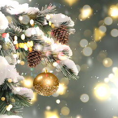 Wall Mural -  Christmas tree branch covered by snow and festive illumination light and  ball gold confetti and snow flakes winter  holiday background  templater banner card card template