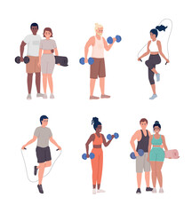 Poster - Sportive lifestyle semi flat color vector characters set. Editable figures. Full body people on white. Exercising simple cartoon style illustrations pack for web graphic design and animation