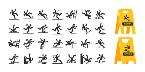 Set Of Warning Silhouettes, Caution Symbols With Falling Stick Man Figure. Fall Down Stairs, Over The Edge, Wet Floor