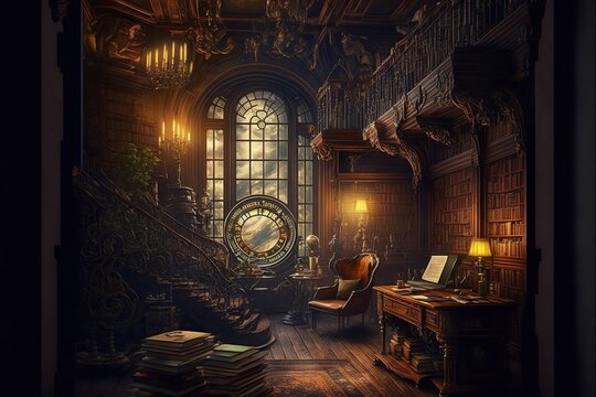 dark fantasy library and study furnitures and huge windows with old steampunk devices