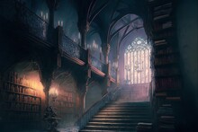 Dark Fantasy Library Interior In Creepy Cathedral Design Interior