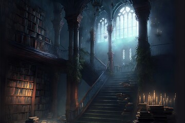 dark fantasy library interior in gloomy gothic cathedral design interior