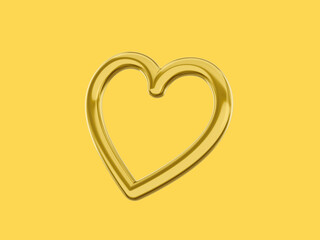 Poster - Toy metal heart. Symbol of love. Golden one color. On a yellow flat background. Bottom view. 3d rendering.