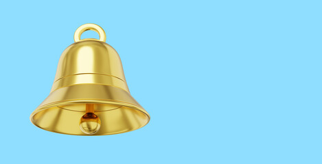 Poster - Bell metal gold, notification symbol. 3D rendering. Icon on blue background, space for text.