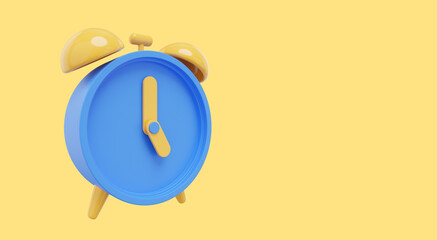 Poster - Minimal blue cartoon alarm clock, side view . 3D rendering. Icon on yellow background, space for text.