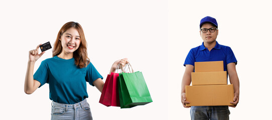 Sticker - Delivery concept, image of Asian delivery man in blue dress holding box and young woman holding credit card and shopping bag
Asian man holding mailbox isolated on white background