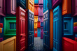 Colorful multi-colored doors. Colors of rainbow. The concept of multiple choice, different paths, identity. Digital illustration. 3d render