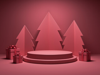 Fototapete - Blank pink pastel color christmas stage podium pedestal or blank product display exhibition stand platform isolated on dark pink background with shadow minimal conceptual 3D rendering