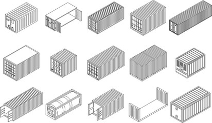 Poster - Cargo container icons set. Isometric set of cargo container vector icons outline vector on white background