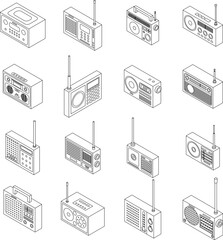 Sticker - Radio icons set. Isometric set of radio vector icons outline vector on white background