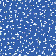 Cute Floral Pattern. Seamless Vector Texture. An Elegant Template For Fashionable Prints. Print With Small White Flowers. Blue Background.