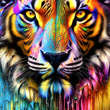 Colorful And Vivid Illustration Of Abstract Tiger Face With Paint Splitters On Colorful Background