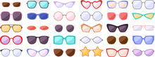 Sunglasses fashion silhouette. Cool kids spectacles in color rim. Isolated glasses, trendy eyewear icons. Racy vector stylish summer accessories