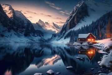 Lonely hut by the lake. Sunset over the lake. Fantasy winter forest landscape. Digital art