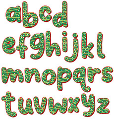 Christmas tree red velvet sugar cookies ~ lowercase alphabet letters pack of green and red abc's on a transparent isolated background for Christmas holiday season