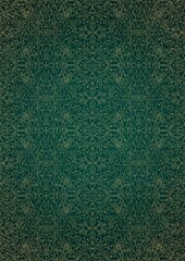 hand-drawn abstract gold ornament on a dark green cold background, with vignette of darker backgroun