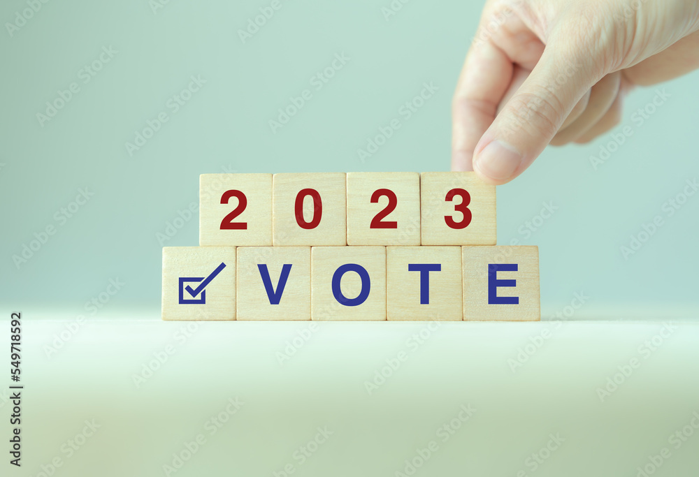Election vote in 2023 concept. Vote word with checkmark symbol on ...