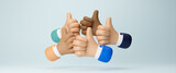 Fototapeta  - Thumbs up, team and success hand sign to show work community, Professional multicultural team demonstrates satisfaction and gives a positive response. teamwork and yes hands. 3d render illustration