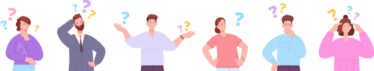 Indecisive people. Cant woman asking question, dissatisfied businessman find decision, hesitate girl with doubt face and hands ask help, think choice concept vector illustration