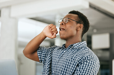 Aufkleber - Tired, yawn and business black man on laptop in office workplace for startup management, company report and market research. Fatigue, burnout and mental health risk of corporate employee at his desk