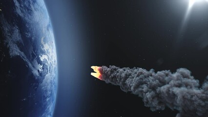 Wall Mural - multiple asteroids heading planet earth, outer space shot flaming burning asteroid entering earth, g
