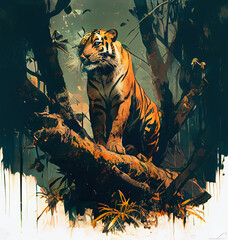 Wall Mural - adorable tiger on a tree trunk. Jungle background.