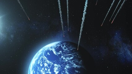 Wall Mural - many asteroids heading planet earth, outer space view flaming burning asteroids heading earth, globa
