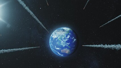 Wall Mural - multiple burning asteroids heading toward planet earth flaming burning asteroid entering earth, glob