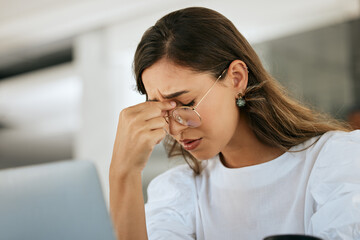 Poster - Headache, woman and burnout in office, anxiety and mental health. Young female, entrepreneur and business owner with pain, tired and upset with planning issues, overworked and depressed with stress.