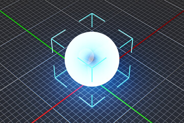 Poster - white glowing ball on plane with 80s style retro computer game wireframe mesh or science inspired background 3d structure