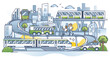 Transportation services and urban road or rail infrastructure outline concept. Public bus, train, metro or taxi car for passenger movement network vector illustration. City transport connections.