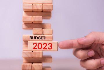 Aufkleber - hand insert wood block with text 2023 budget into tower building block