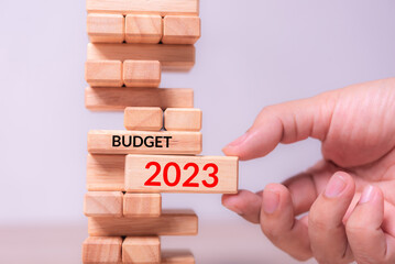 Aufkleber - hand insert wood block with text 2023 budget into tower building block