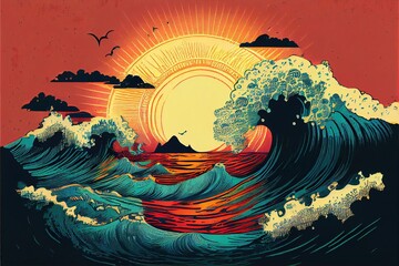 Sunset in ocean waves vintage style fantasy illustration. Generative AI Illustration