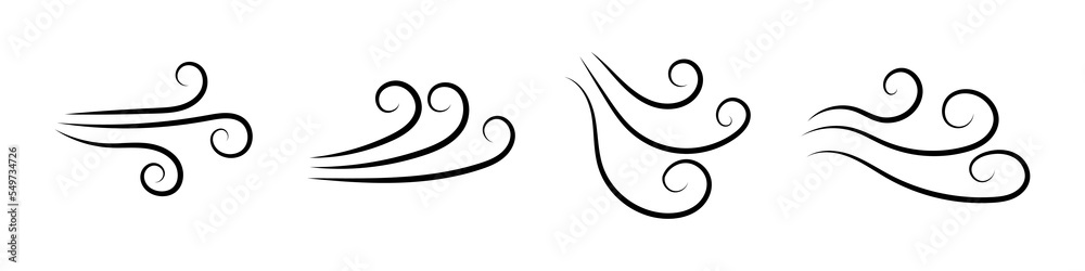Set of wind air flow icons. Weather and environment. Natural movement ...